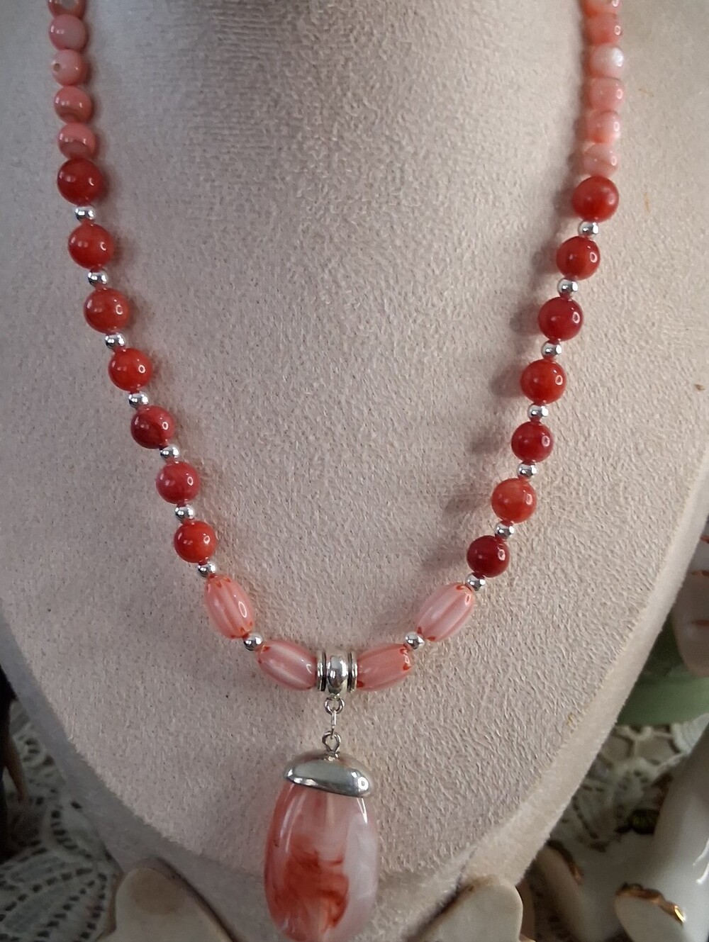 Pink & Coral Beaded Pendant Necklace